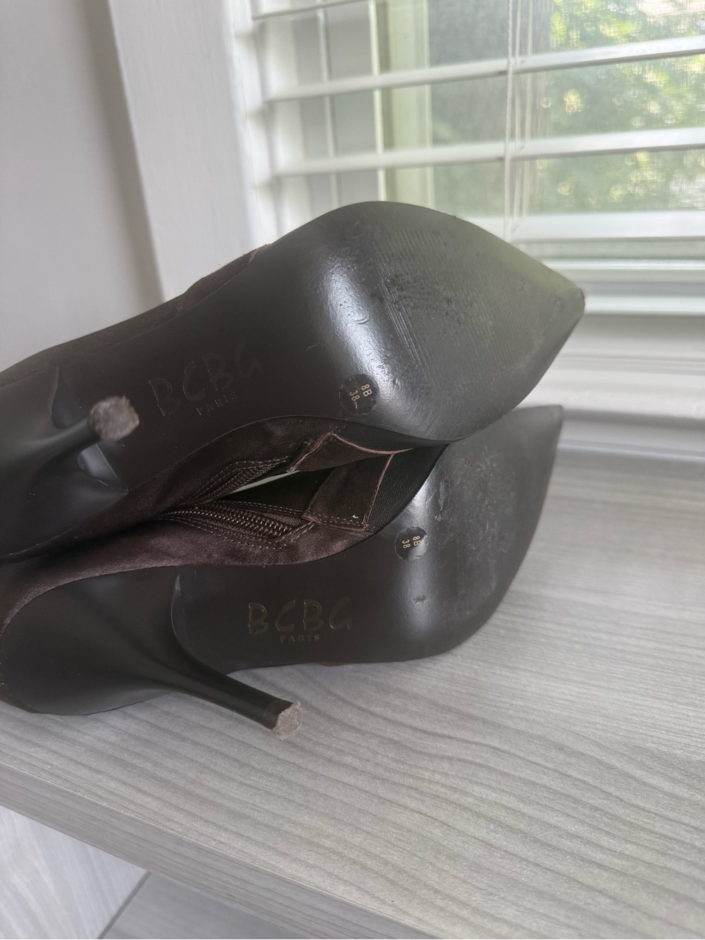 BCBG Satin Brown and Black Pointed-Toe Ankle Booties - Picture 5 of 7